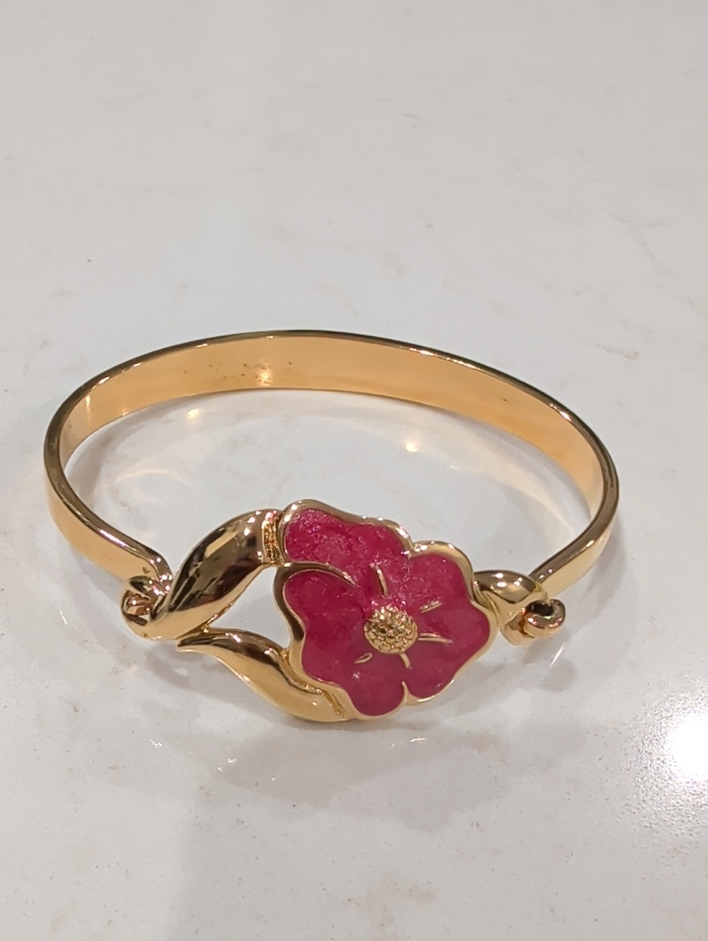 Gold-Tone Floral Bangle Bracelet with Pink Enamel Flower